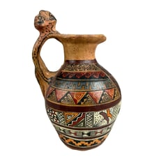 Handcrafted Peruvian Clay Pitcher – Figural Cheetah Handle & Alpaca Motif
