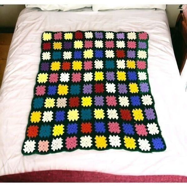 Granny Square Afghan Crochet Throw Blanket Bright Colors Couch Sofa Chair 43x46