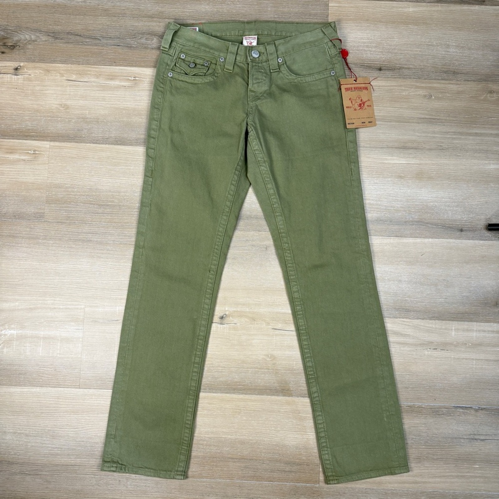 NWT True Religion Military Green Y2K Jordan Straight Leg Boyfriend Jeans, Sz 26