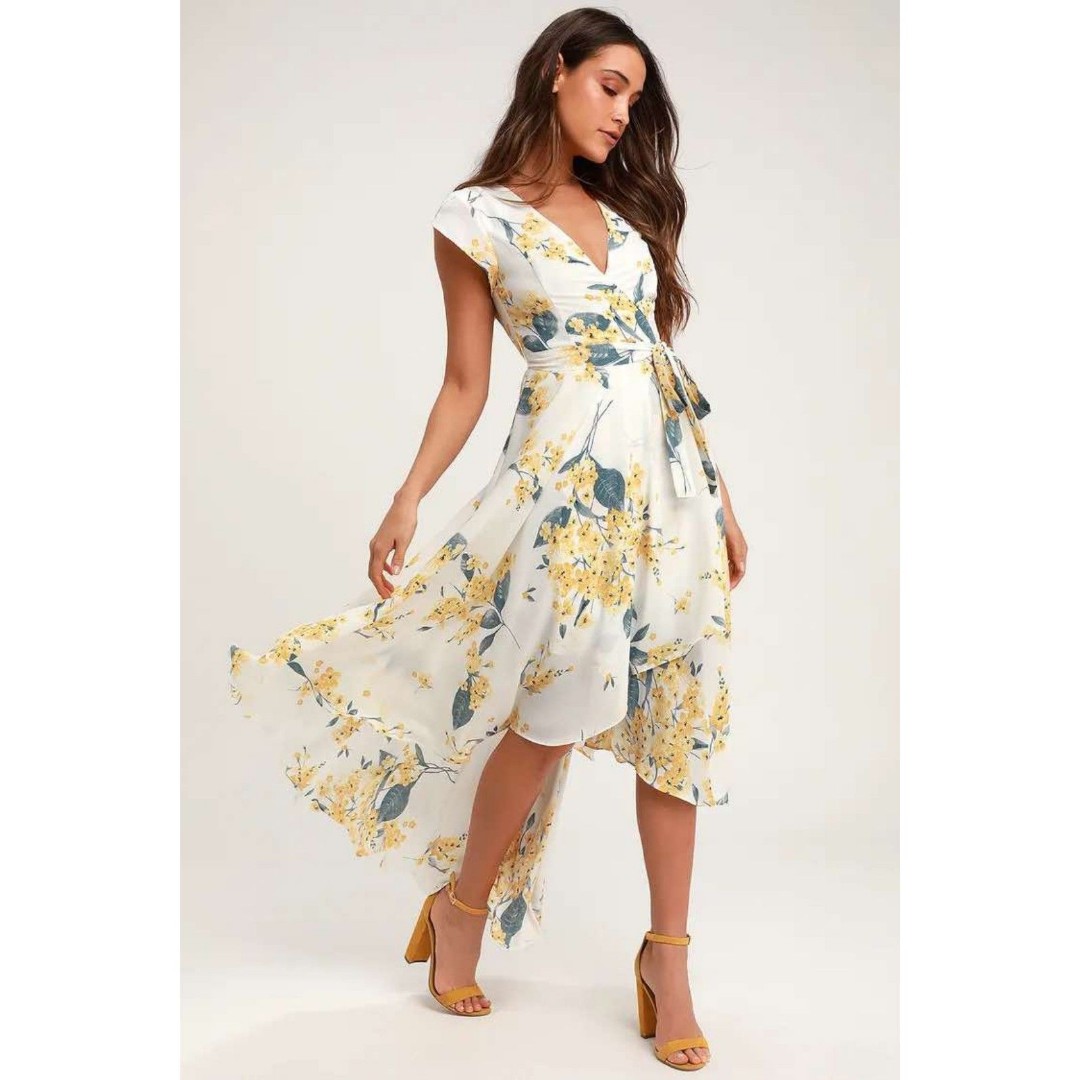 Lulus White & Yellow Floral Print High Low Dress, size S