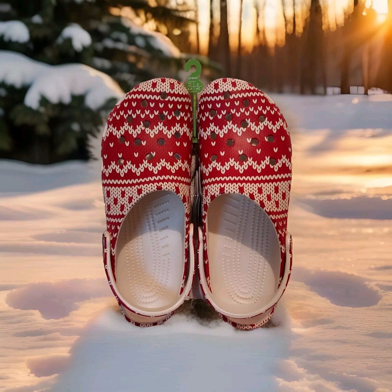 Crocs Christmas Red/White Classic Holiday Sweater Clogs Mens Size 13 NWT