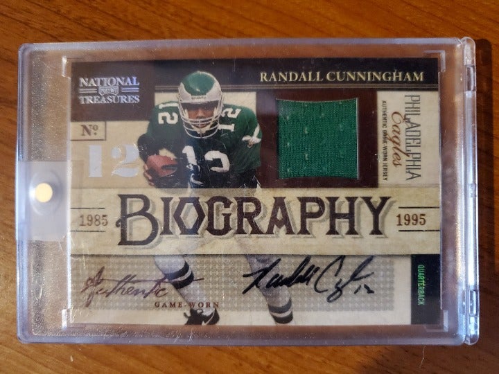 2009 Playoff National Treasures Randall Cunningham G/W Bio Auto Card #13/50