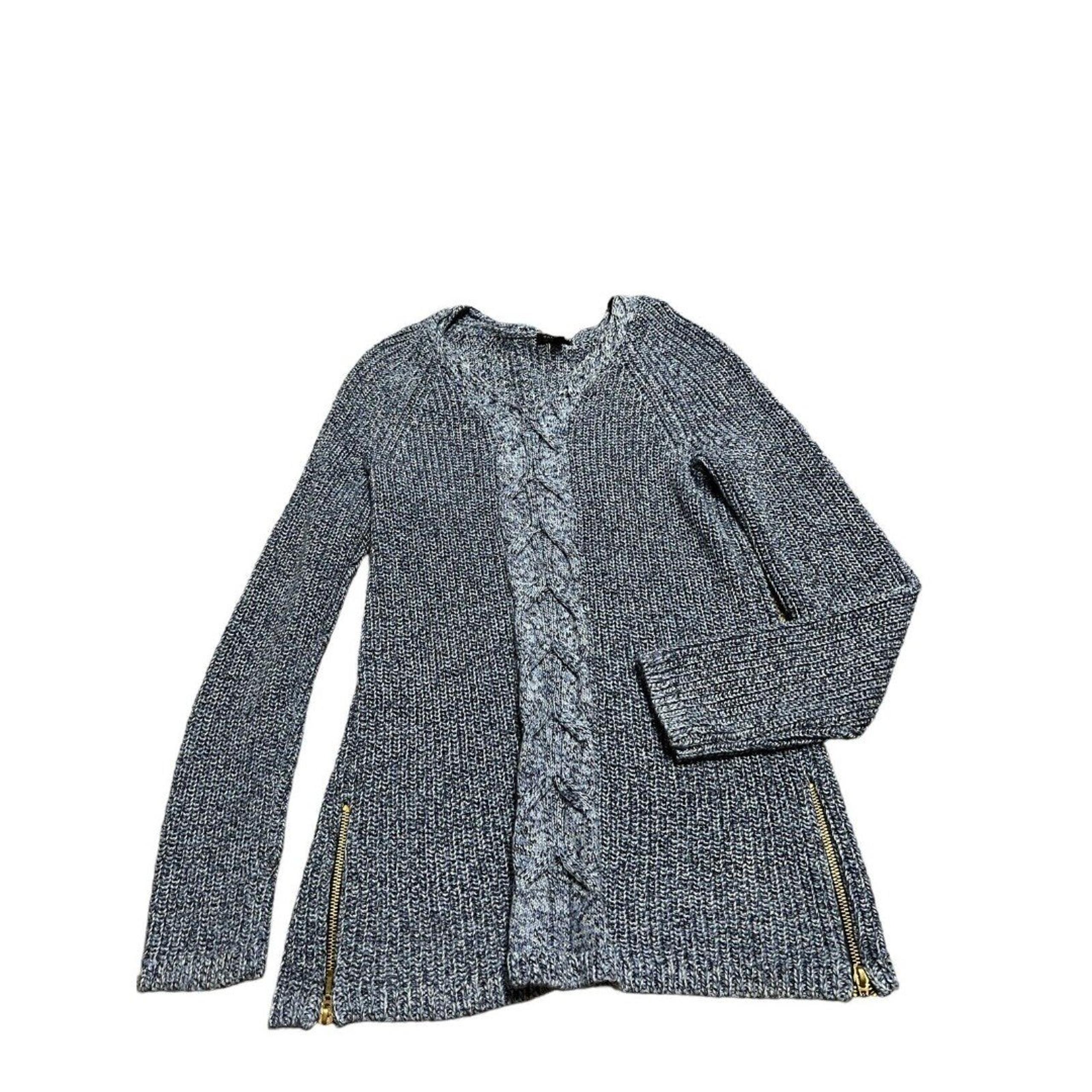 Talbots Sweater Womens XS VNeck Pullover Cable Knit blue Cotton Side Zip Hems