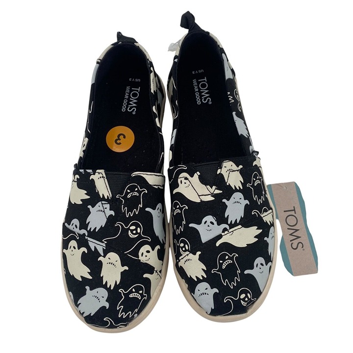 TOMS | Youth Size 3 Black Glow In Dark Ghost Halloween Slip-On Shoes NWT