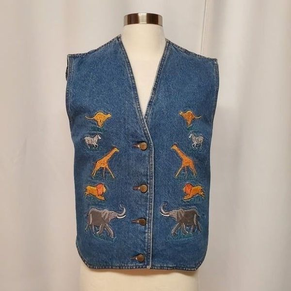 Vintage 90s y2k Safari Animal African Embroidered Blue Jean Denim Teacher Vest S