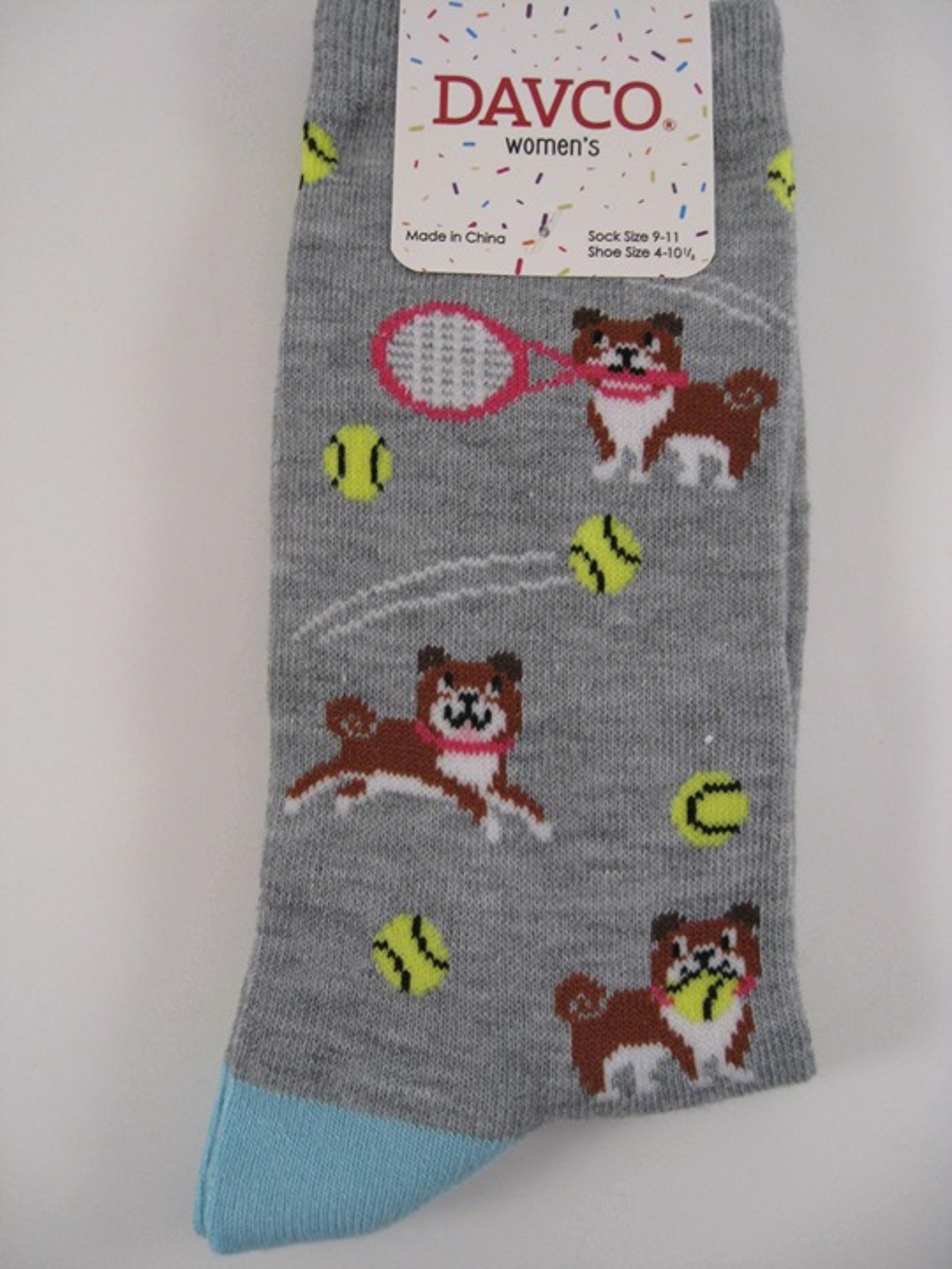 NWT DAVCO Women's Bulldog w/Tennis Racquet & Ball Crew Socks Light Grey Heather