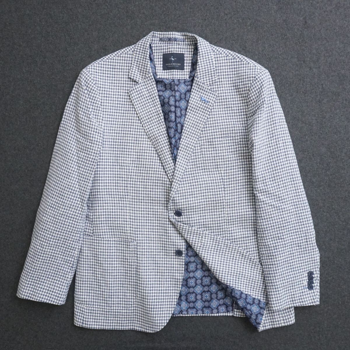 Tailorbyrd Mens Blazer Sport Coat Blue Plaid Textured Linen Cotton Blend 44R