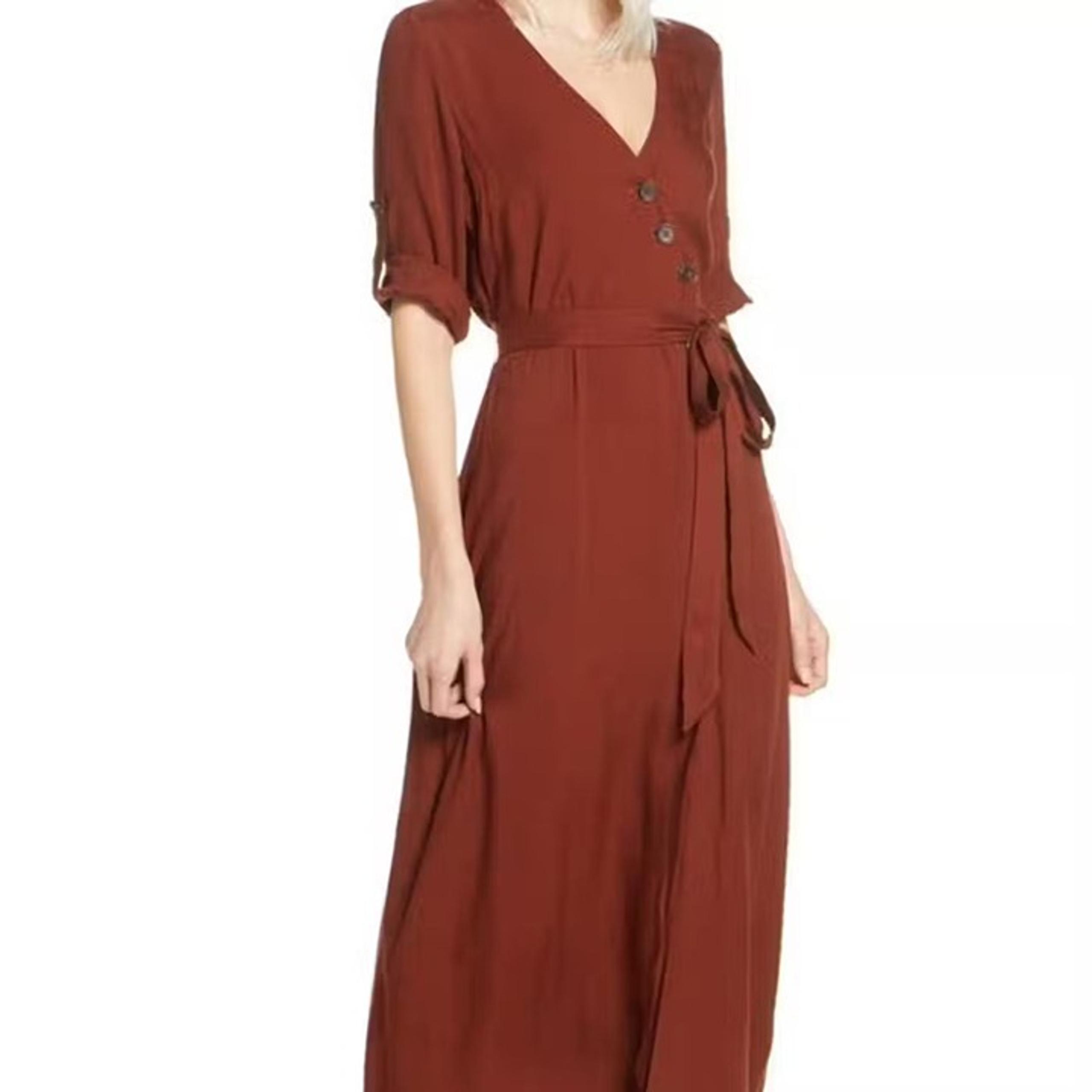 BB Dakota Button Up Your Story Wrap Midi Dress Womens 2 Roll Up Sleeve Red