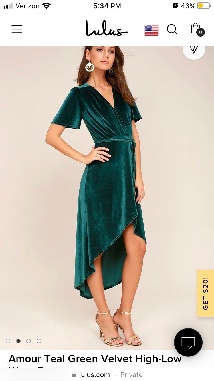 NWT Amour Teal Green Velvet High-Low Wrap Dress