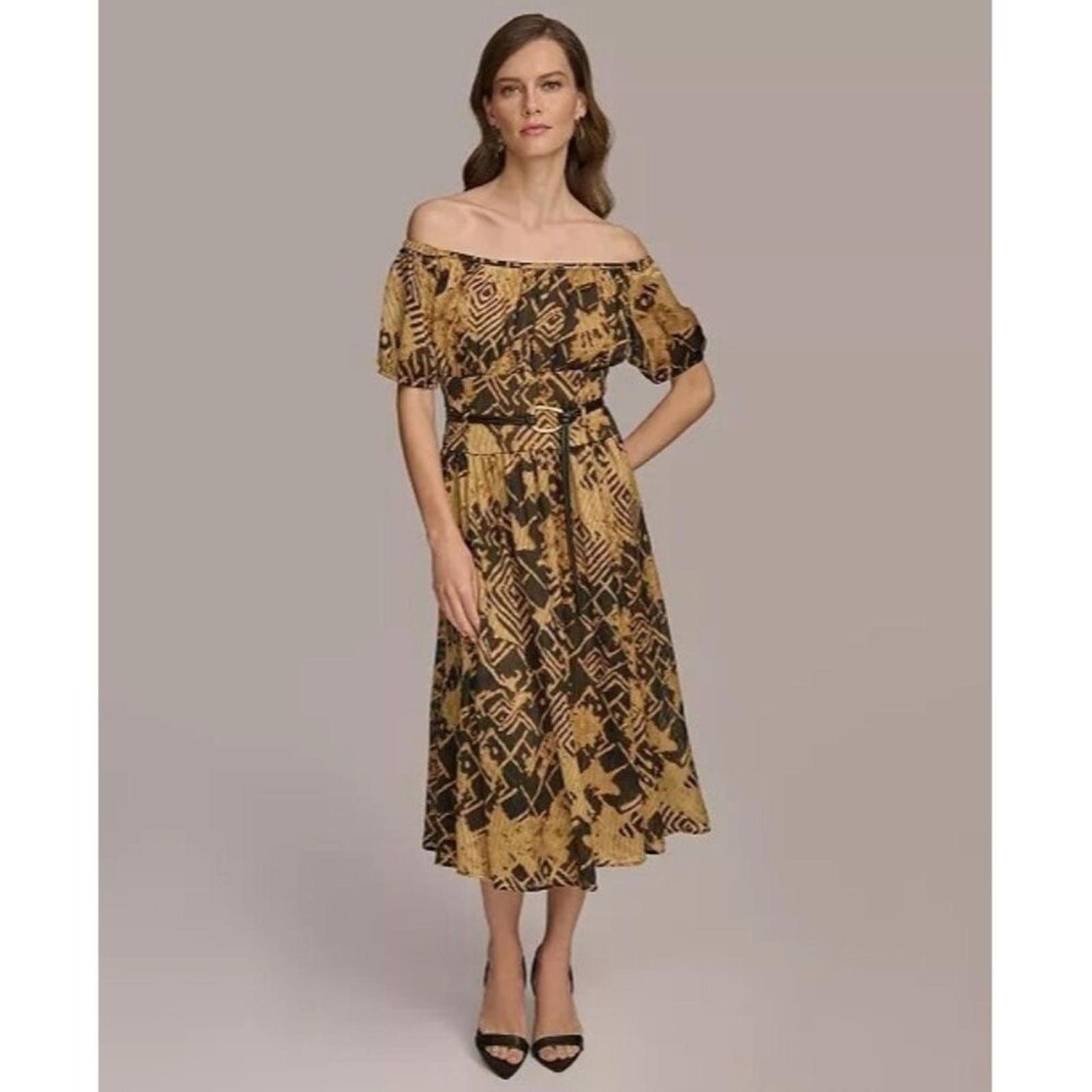 159$ Donna Karan Women's Off-The-Shoulder Chiffon Midi Dress Size 12 Black Gold