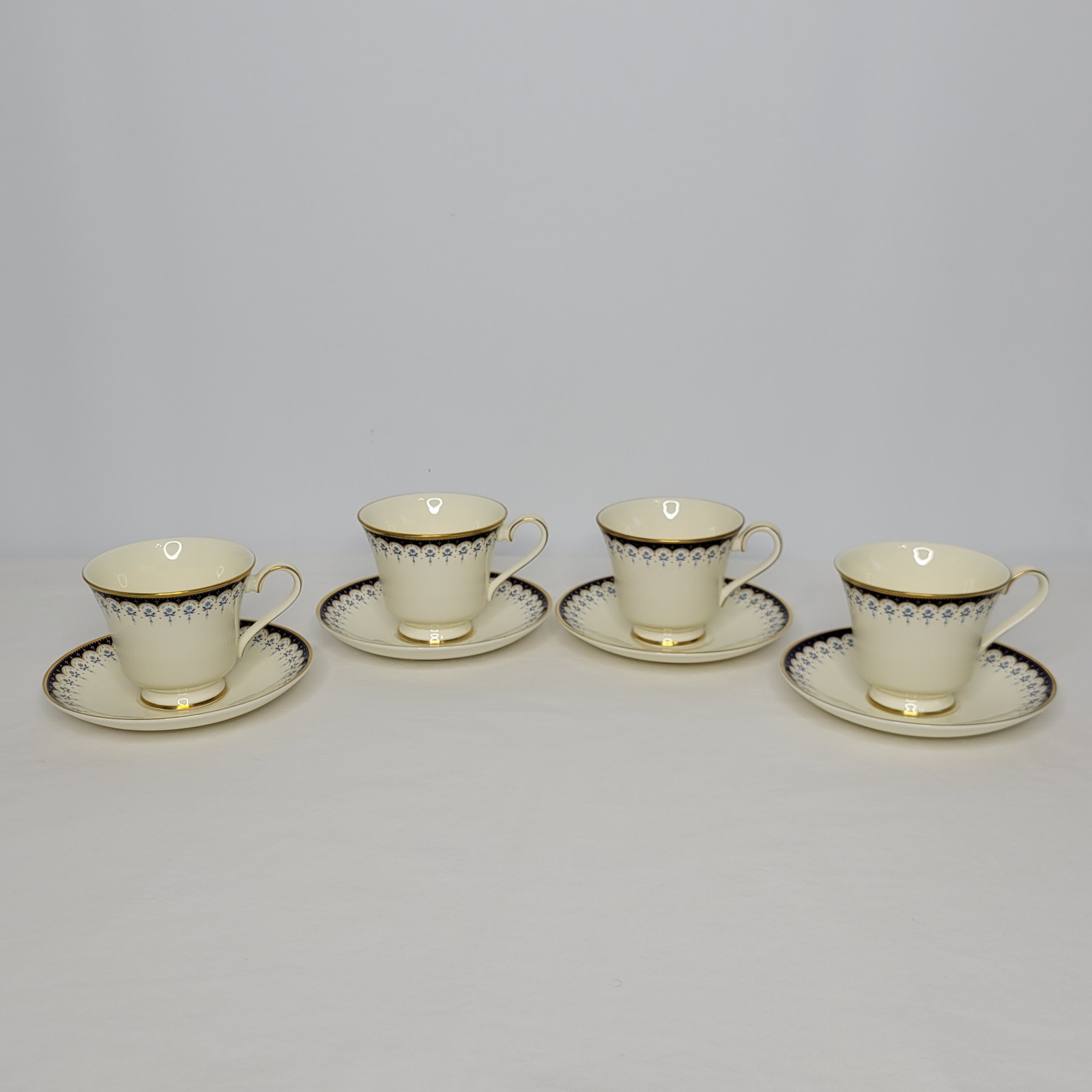 Set of 4 Vintage Minton Consort Blue White Gold Floral Footed Cup & Saucer