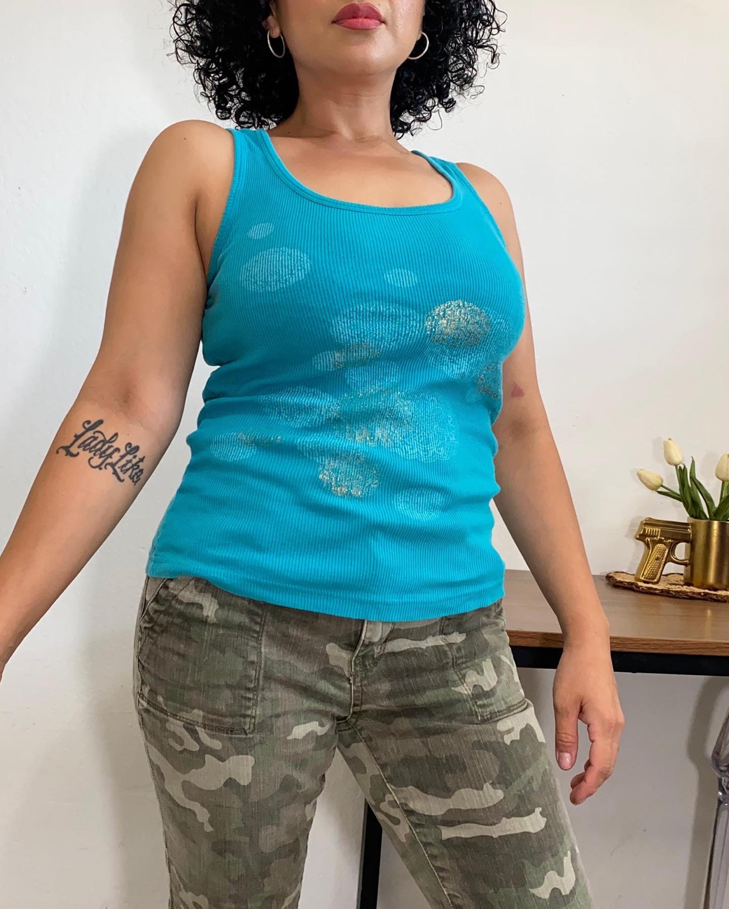 Guess Jeans Women’s XL Teal Ribbed Y2K Logo Metallic Tank Top