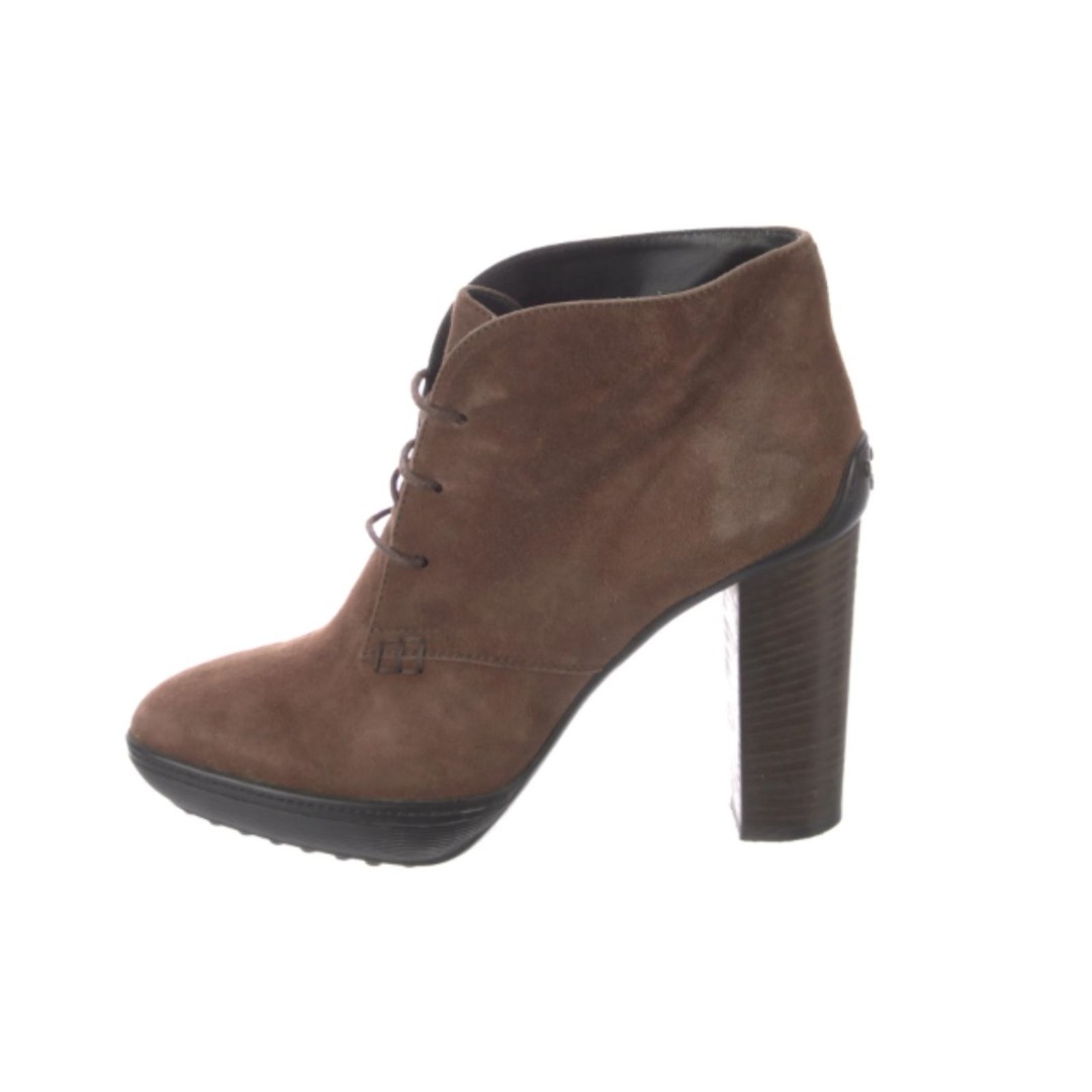 Tod's 695 Chunky Heel Boot Brown Suede Platform Ankle Lace Up Booties 34 US 4