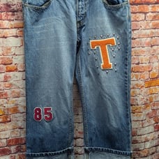 Vintage 1990s Tommy Hilfiger Logo Chenille Spell out Cuffed Denim Jeans