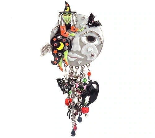 Lunch Ritz HUGE Witch Pin Cat LATR Halloween Rhinestone Brooch Enhancer BeadRage