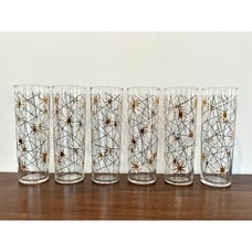 Libbey Safedge Glassware Atomic Galaxy Starburst Collins Glasses Set Of 8 MCM 7”