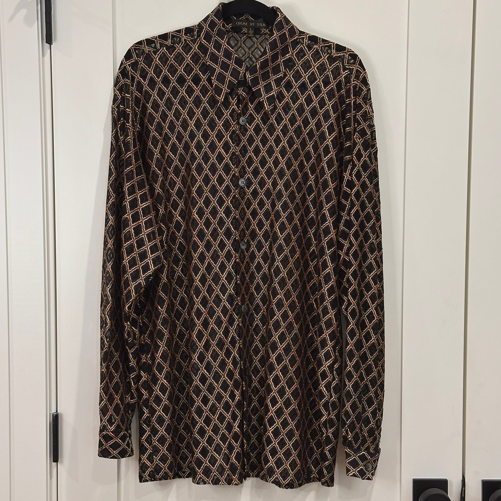 Creme De Silk Button Down Shirt Sheer Woven Lace Long Sleeve Gold Large Vintage