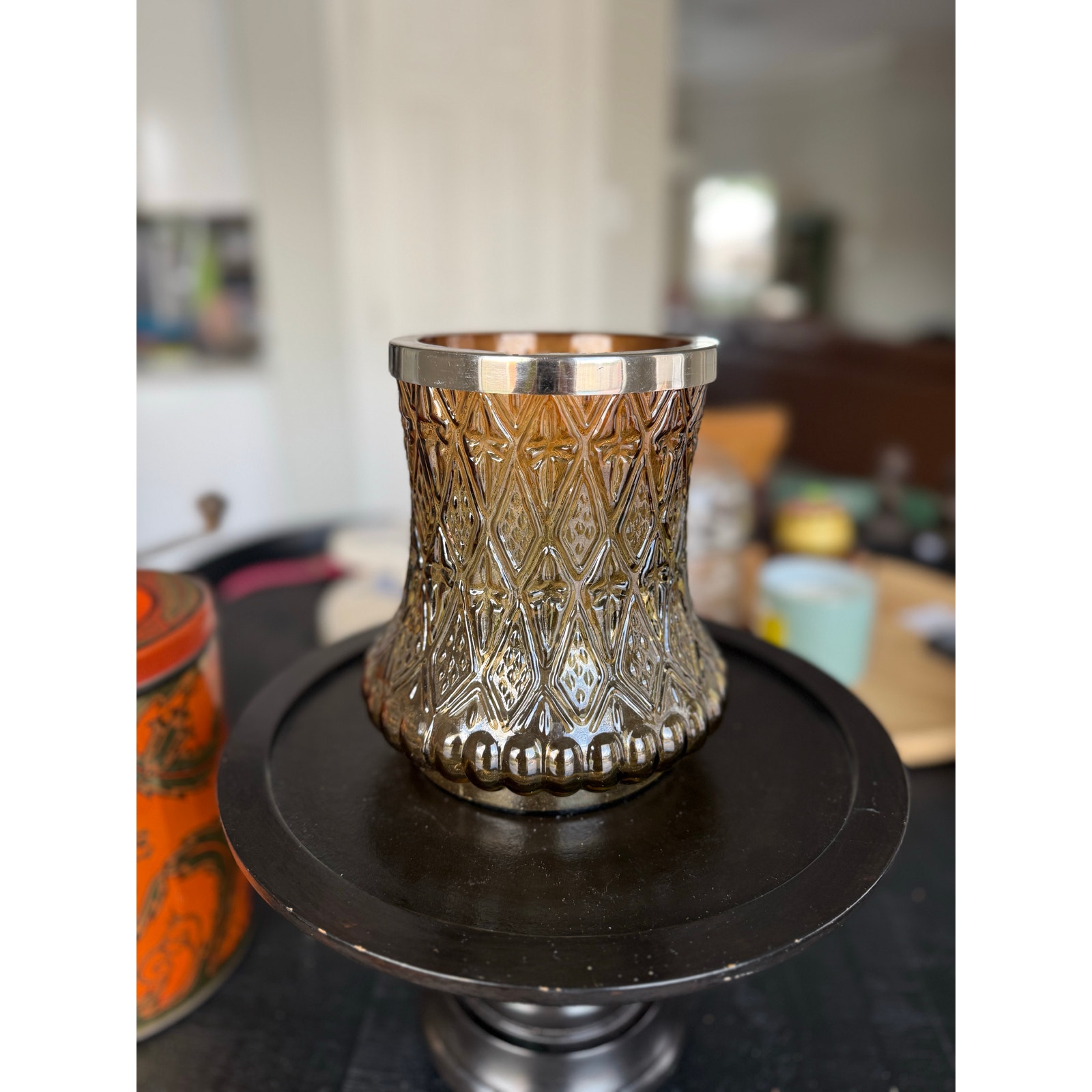 Vintage Smoke Glass Ice Bucket Vase with Silver Rim