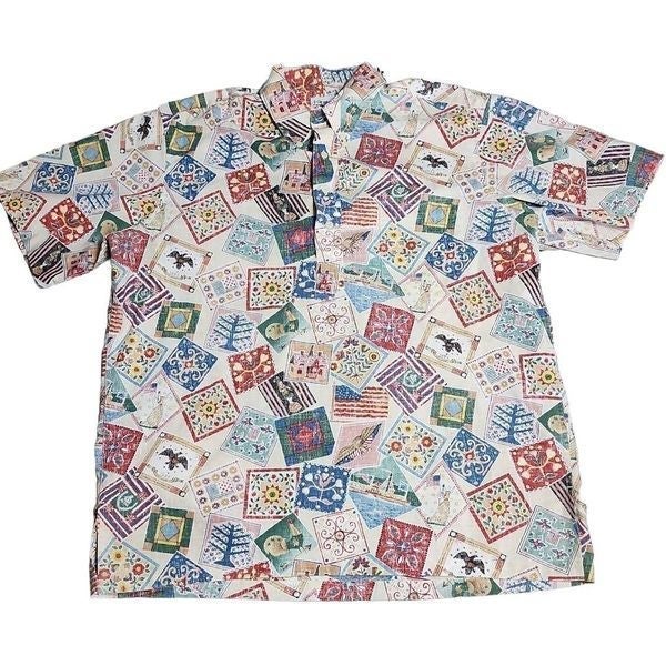 Vintage reyn spooner US homemaker stamp patterned quarter button shirt