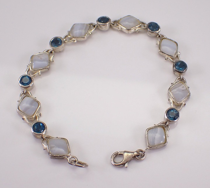 Vintage Blue Topaz and Agate Bracelet - Estate Sterling Silver Gemstone Link