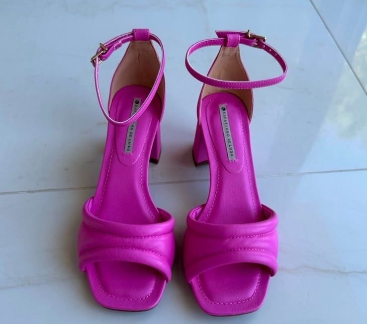 Pink ankle strap cushion block heel sandals