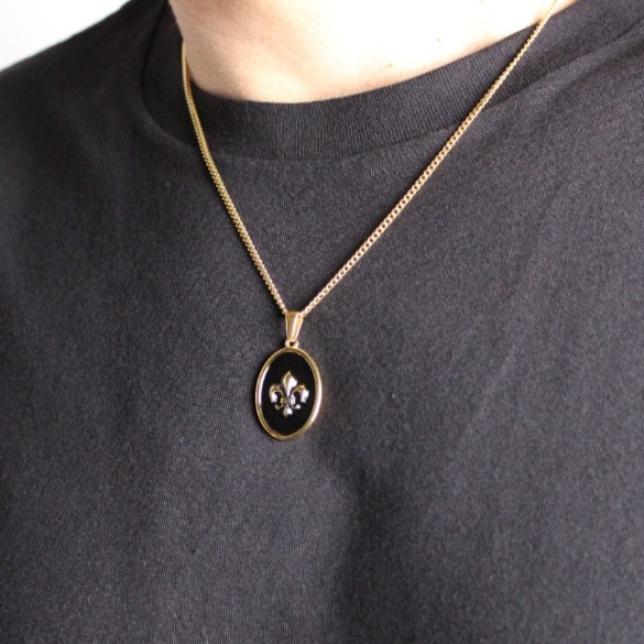 Gold Enamel Fleur De Lis Pendant Chain Necklace