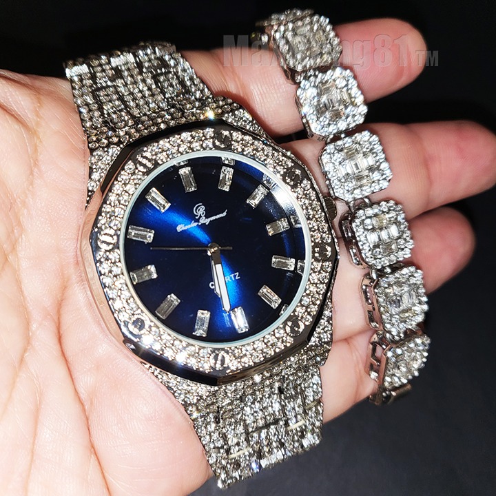 WATCH SILVER BLING SIMULATED DIAMOND HIP HOP & ICED BAGUETTE STONE BRACELET SET
