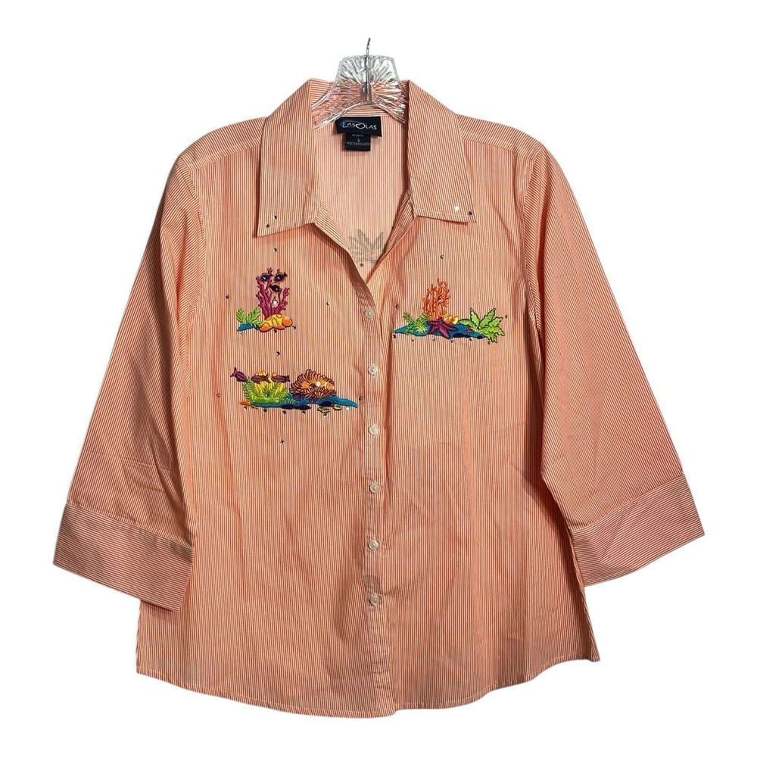 Las Olas Nautical Striped Button Up Blouse Womens Size S Orange Fish Ocean Reef