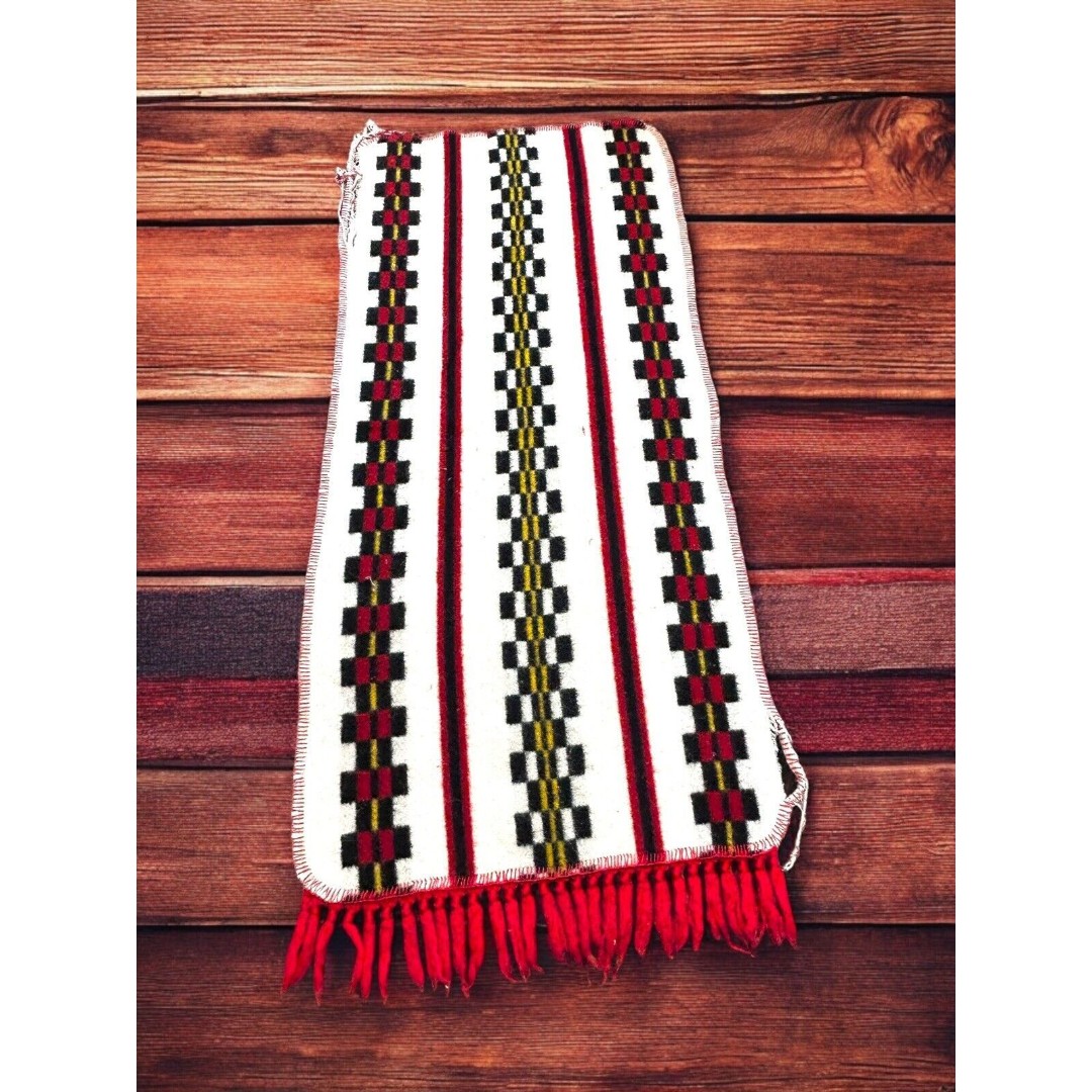 Vtg Wool Fringed Double Saddle Blanket Rug Southwestern Geometric Frayed AS IS