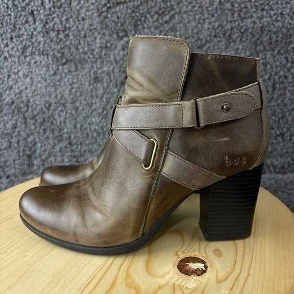 Born Boc Harness Ankle Boots Womens 6.5 Brown Leather Zip Block Heel Booties