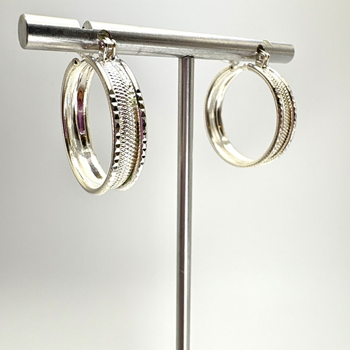VTG Sterling Silver 925 Textured Hoop Earrings Hinged Posts Size 1 Diameter