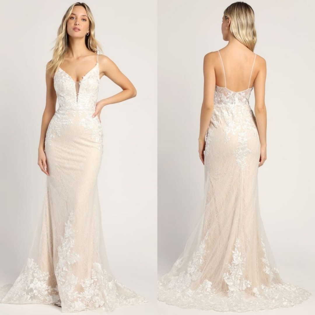 Lulus Glimmer of Love White Embroidered Lace Mermaid Maxi Dress S Wedding Bride