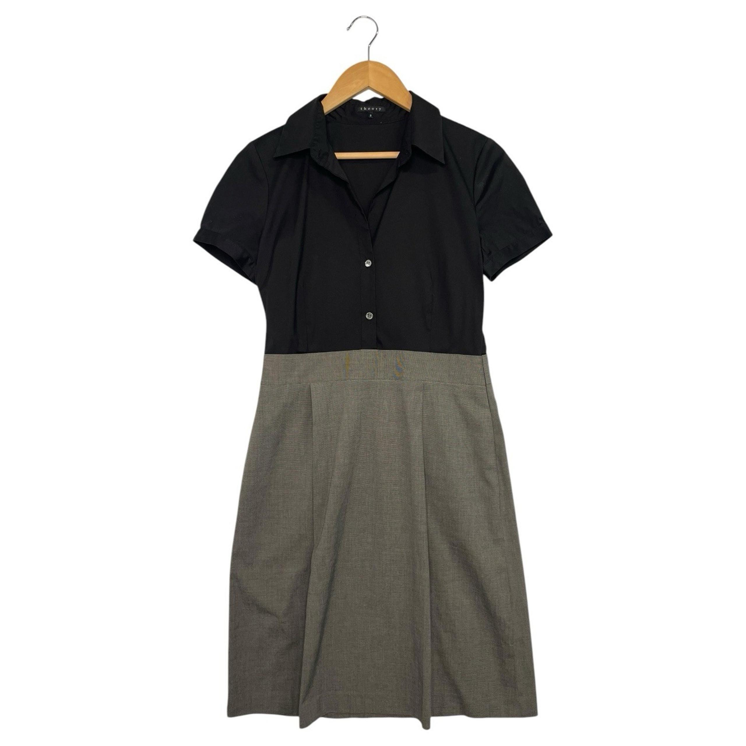Theory Dress Womens 8 Black Gray Sheath Colorblock V Neck Pockets Career Classic