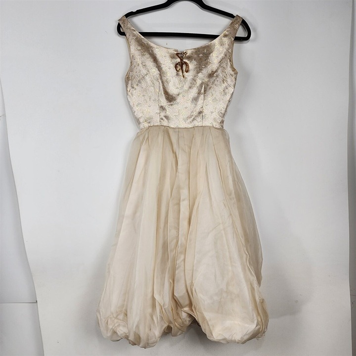 Vintage 1960s Cream Beige Balloon Skirt Party Cocktail Formal Dress