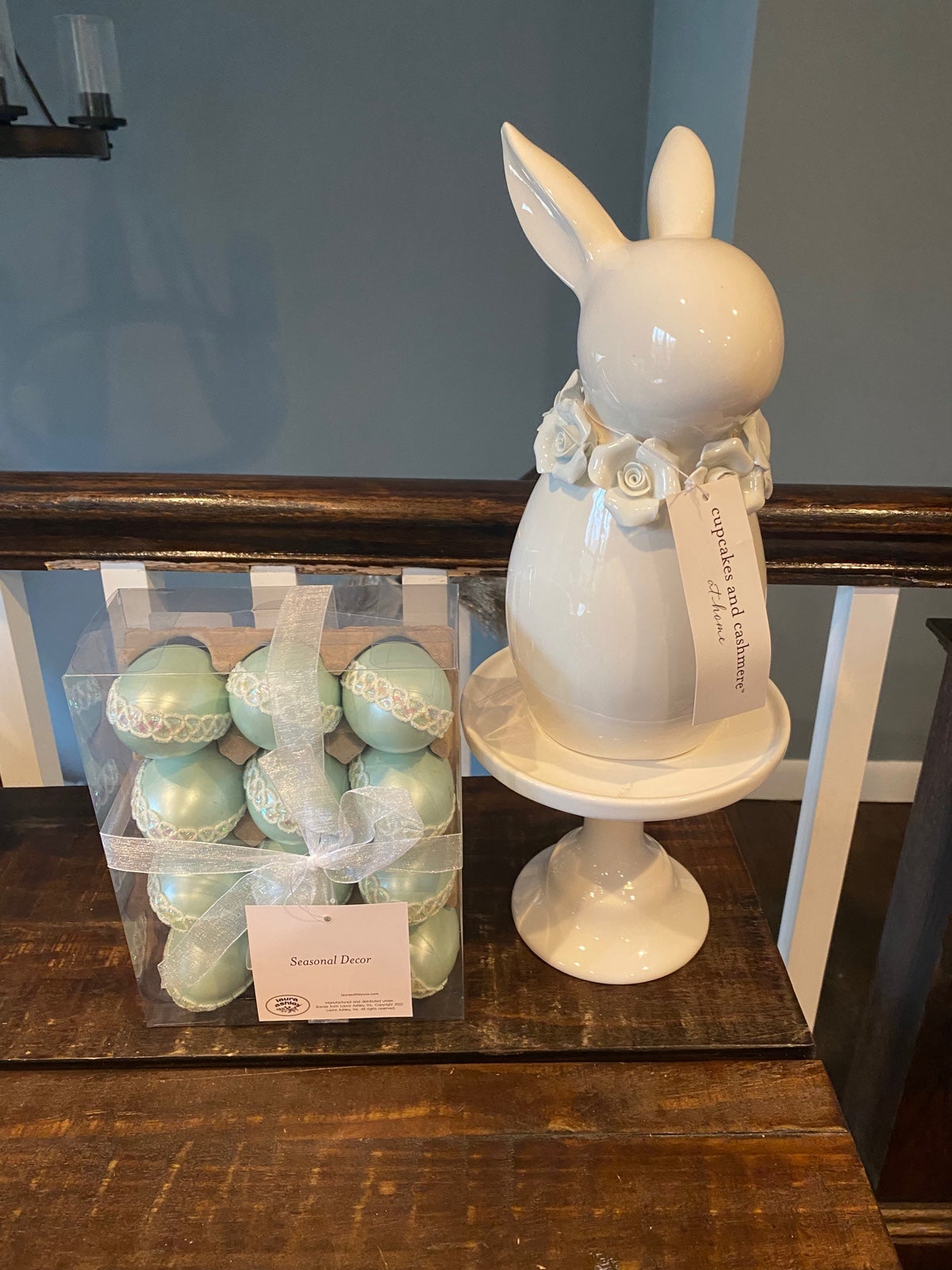 Cupcake and Cashemere bunny with blue floral necklace &12 blue lace easter eggs