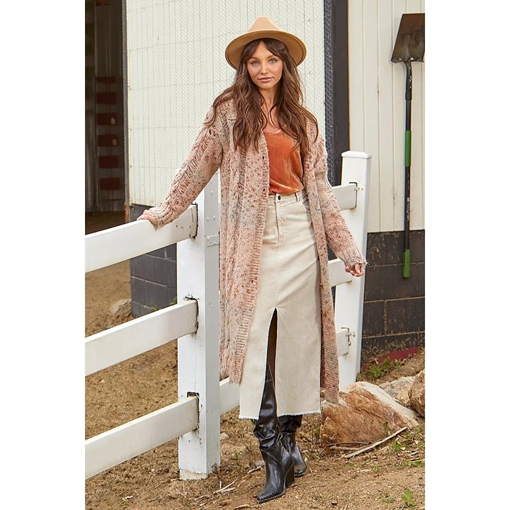 Mystree Long Sleeve V-Neck Button Down Cardigan in Latte Mix - Sz L - NWT