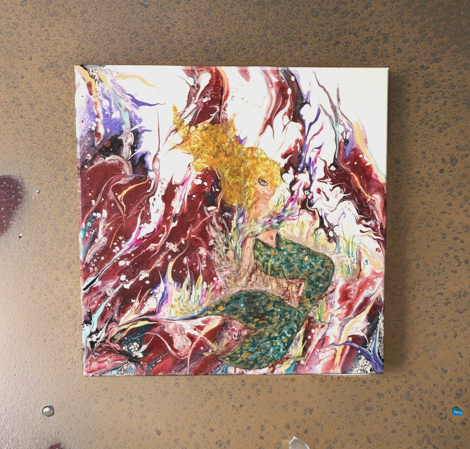 Painting Acrylic on Canvas 14 x 14 Original Abstract Fluid Art MERMAID