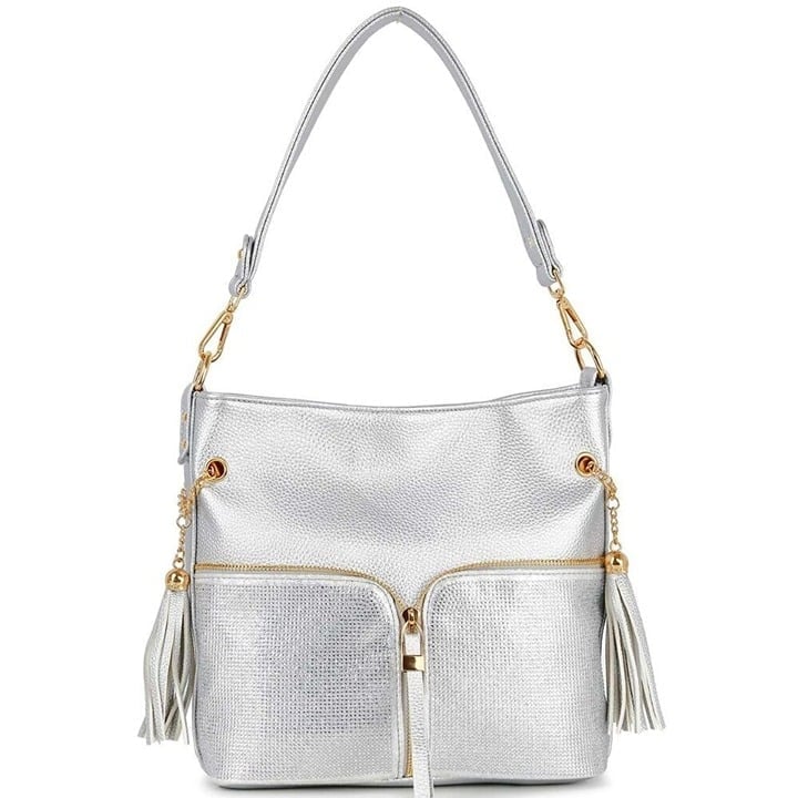 Silver Stylish Rhinestone Bling Zip Hobo Handbag 10 x 10 x 3