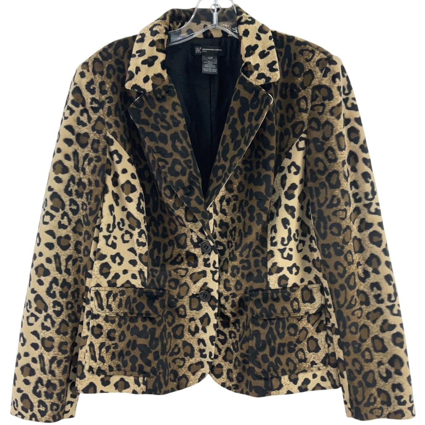 Inc. Tan & Black Faux Fur Leopard Print Blazer Women’s Size 12 Petite Preowned