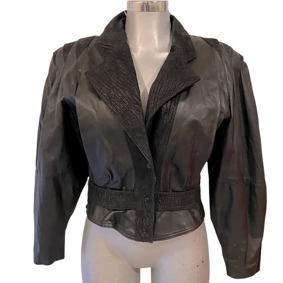 Vintage Leather Jacket Black Selena Vibes 90’s Cropped Biker Moto