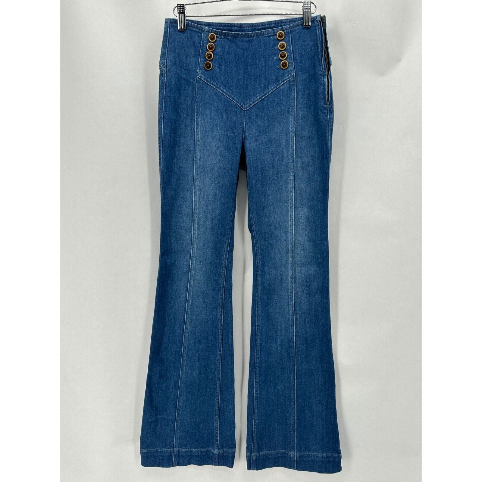 Anthropologie Pilcro Sailor Button Flare Leg Jeans Size 26 Blue Boot Cut Boho