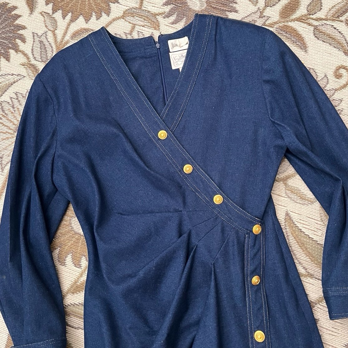 Neiman Marcus Kathryn Dianos Vintage Denim Dress Faux Wrap Fitted 8 10 12