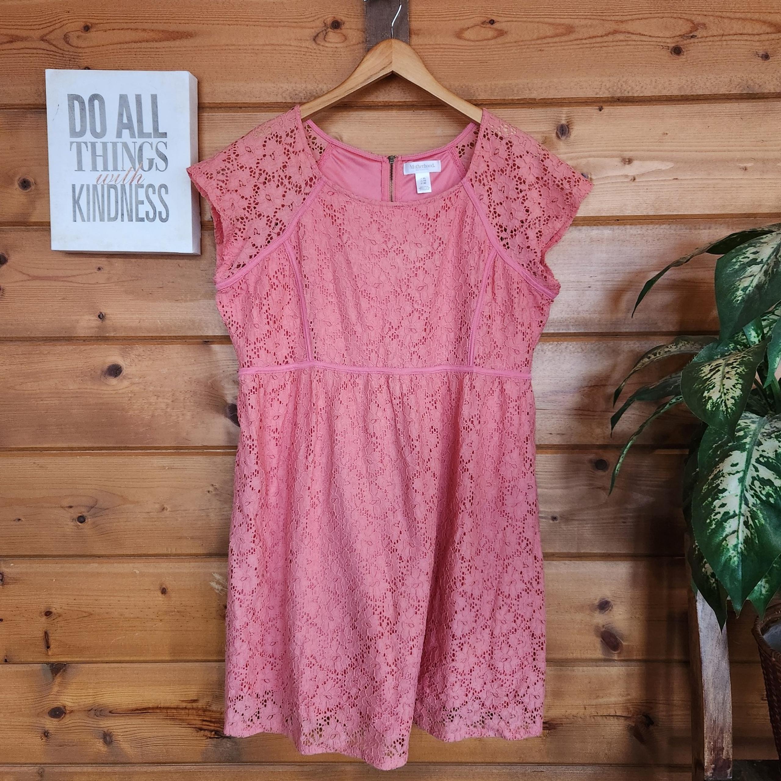 Motherhood Maternity Dress Coral Pink Floral Overlay Stretch Sheer Lined Size XL
