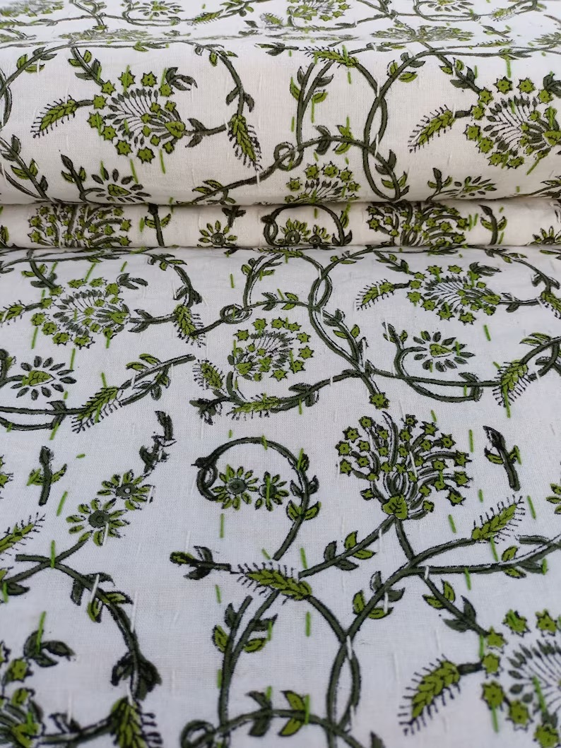 Green floral Kantha Quilt Handblock Print floral Netural Colour Green floral Kan