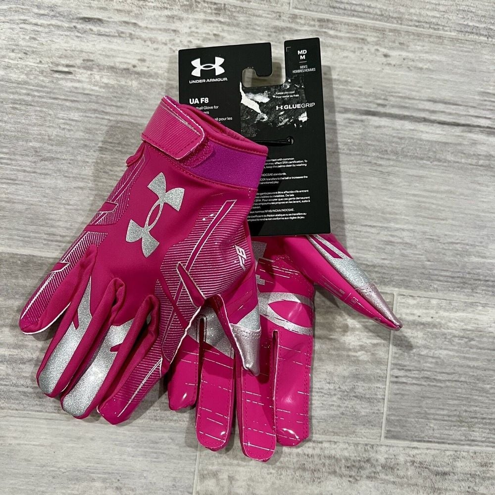 Under Armour Medium Men UA F8 1368851-654 Receivers Pink Silver Football Gloves