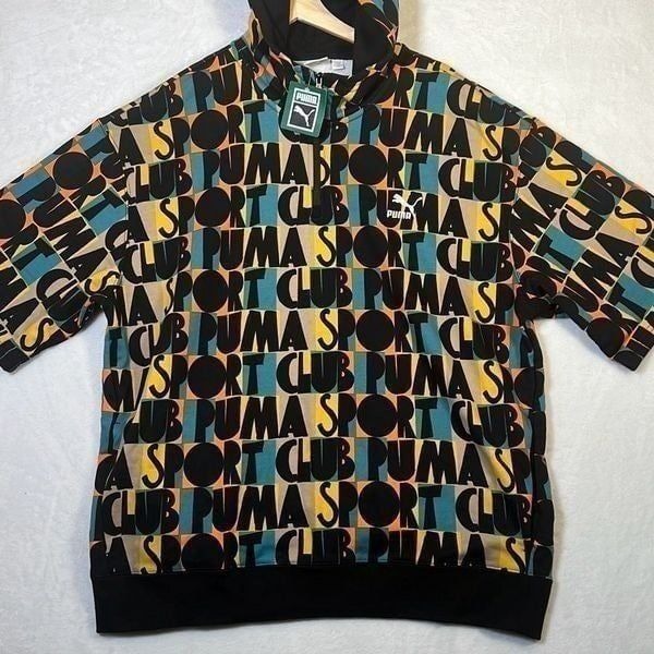 PUMA MEN HC ALLOVER PRINT SHORT SLEEVE HOODIE BLACK/MULTICOLOR NWT-X-Large