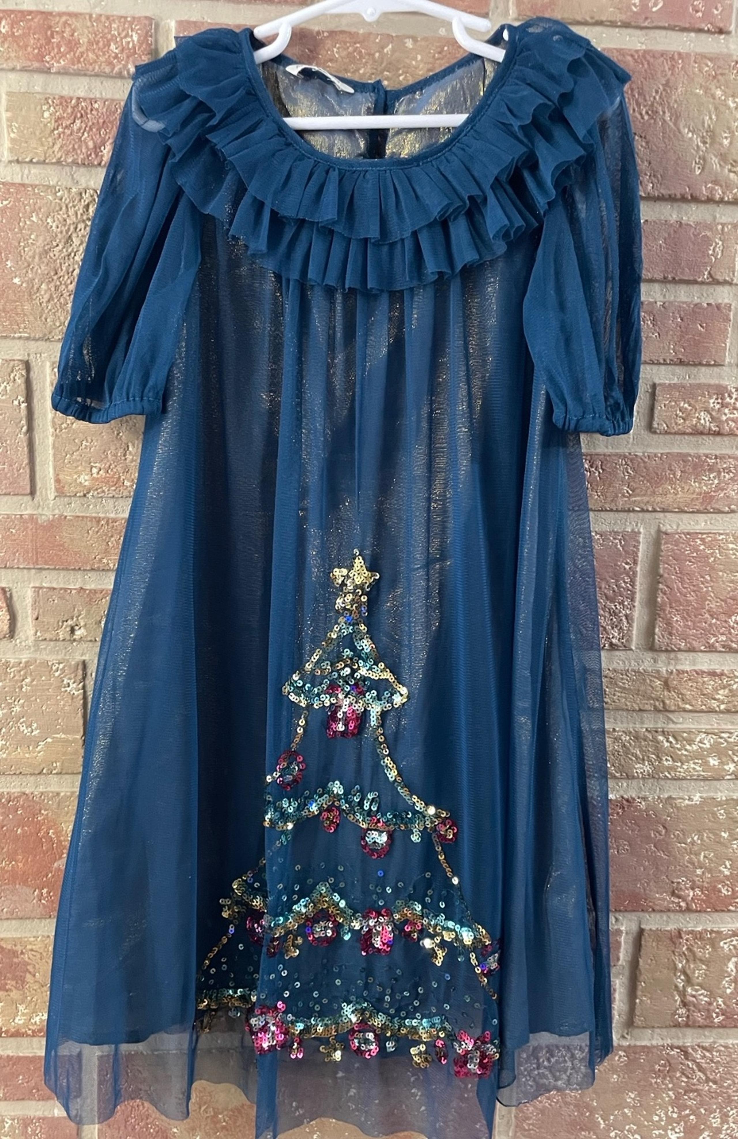 Monsoon Christmas Holiday Tree Teal with Sequins Girls Dress Size 7