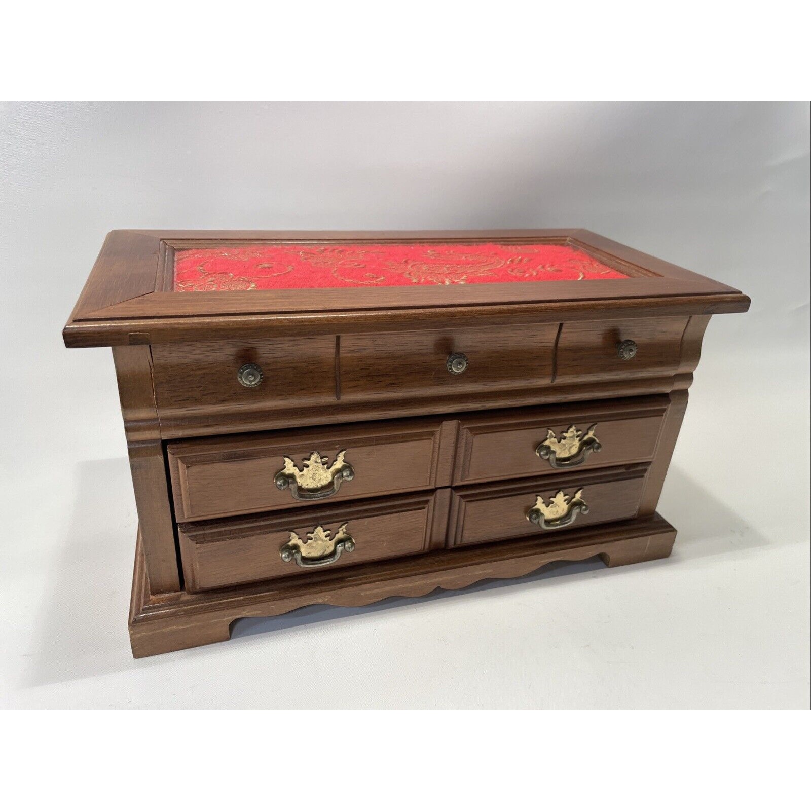 Vintage Two Drawer Oak Wood Jewelry Box with Brocade Fabric Top Beautiful