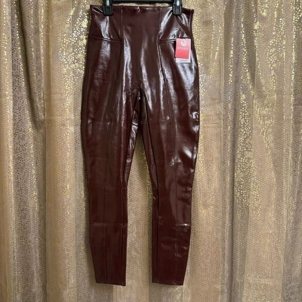 Spanx Faux Patent Leather Liquid Ruby Maroon Leggings Small Petite NWT