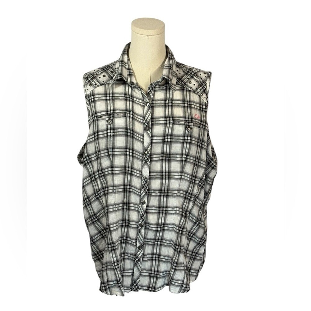 Harley Davidson Genuine MotorClothes Black & White Plaid Sleeveless Tank (1X)